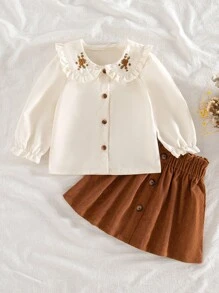 SHEIN Conjunto de 2 piezas de niña bebé con estilo vintage: Cárdigan de manga larga con cuello Peter Pan y volantes bordados, y falda de pana, para otoño/invierno - Multicolor - Ver 8