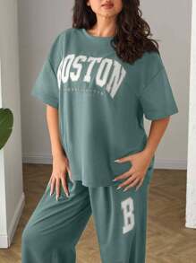 RueChic Conjunto de dos piezas informal y cómodo de camiseta y pantalones de mujer, 100% algodón, con bordado de Boston