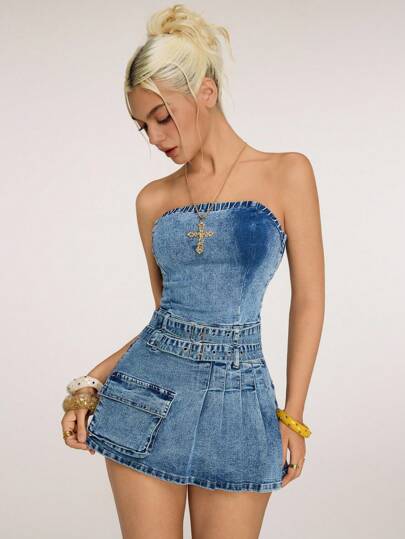 Jeanoix 女式纯色修身无袖牛仔连体裤