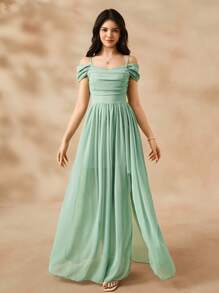 少女绿色清新雪纺吊带连衣裙，夏季优雅开衩沙滩度假连衣裙 - 綠色 - 查看 5