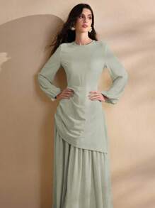 Graceveil Women Crew Neck Long Sleeve Ruched Elegant French Style Dress Fall Cloth For Women - Green - View 6