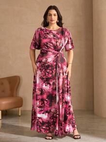 SHEIN Clasi 大码优雅花卉印花扭纹前开襟连衣裙，夏季 - 彩色 - 查看 4