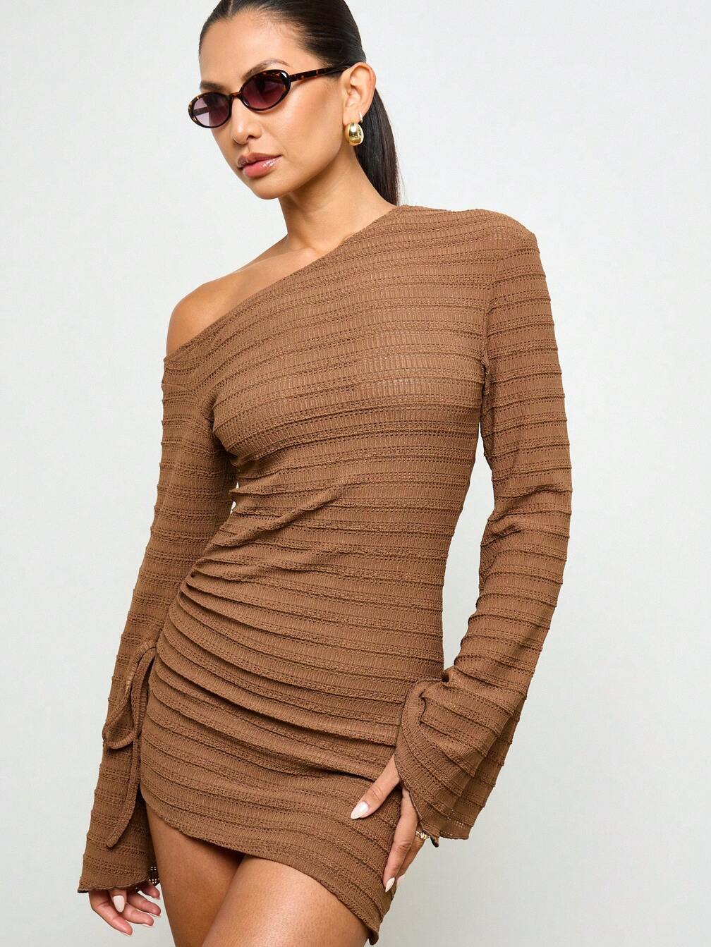crochet off the shoulder mini dress Off The Shoulder Tassel Hem Mini Blouson Dress In Brown Crochet Knit | EGO  EU