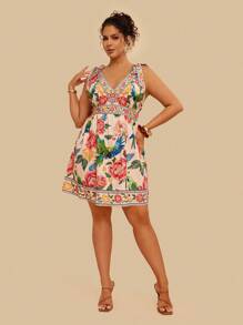 Travachic Plus Size Women's Summer Casual Vacation Shoulder Tie Bow Tropical Print Mini Dress