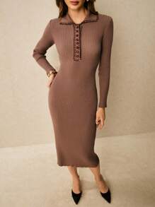 Poéselle Elegant Ribbed Knit Bodycon Sweater Dress For Women – Long Sleeve Collared Midi Dress,Ribbed Knit Dress,Long Sleeve Knit Dress,Autumn Midi Dress Women,Fall Winter Dress Women