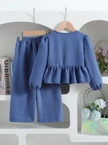 SHEIN Conjunto de 2 piezas para niñas jóvenes: blusa con lazo y manga larga + pantalones, conjunto con volantes y peplum, ropa de otoño e invierno