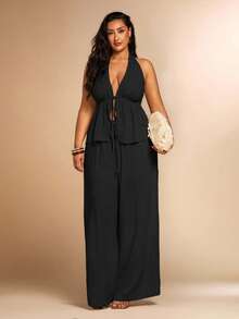 SHEIN BAE New Plus Size Women Summer Linen Vest And Pants Set, Linen Outfit For Beach, Holiday, Vacation/ Plus Size Two Piece Set/ Plus Size Halter Top And Pants Set - Black - View 1