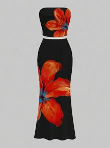 Slaydiva 2pcs Casual Minimalist Floral Print Tube Top & Skirt Suit For Women, Summer Beach Vacation Outfits Suitable For Going Out - Multicolor - View 3