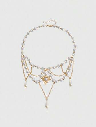 Goth 1pc Fashionable & Elegant Multi-Layered Beaded Pendant Necklace