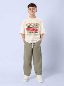 SUMWON 青年斜纹筒形斜纹裤休闲秋季校服宽松阔腿抽绳长裤 - 軍綠色 - 查看 2