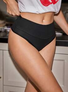 SHEIN Women High Waisted Black Fabric Thong Panties With High Stretch For Casual Comfy Wear - Black - View 3