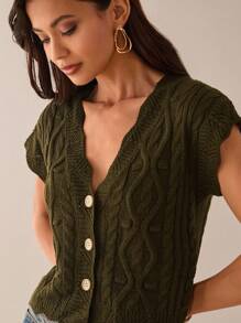 Lilora 镂空钩花波浪纹V领单排扣针织上衣都市风无袖羊毛开衫上衣都市休闲浪漫优雅出门