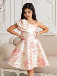 SHEIN Mädchen Tween elegantes Kleid aus luxuriösem Brokat-Stoff mit Blumendekor, asymmetrischer Schulter, tailliert, knielang. Blumenmädchen Kleid für Valentinstag, Party/Schulanfang, damenhaft, Prinzessinen-Stil, Hochzeitssaison, Geburtstagsparty - Pink - Übersicht 3