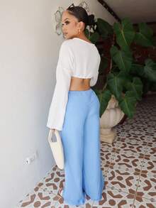 Melissa Matos Linen Feel Tie Front Wide Sleeve Beach Top Summer Vacation Boho Vacation Spring Sexy Elegant Ibiza Holiday - White - View 2