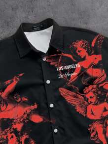 Manfinity EMRG Men's Angel Print Front Button Casual Short Sleeve Crop Shirt - Black - View 2