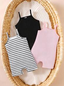 SHEIN 3pcs/Set Infant Baby Girl Casual Versatile Soft & Gentle Jumpsuit, White, Pink, Striped Suspender 3 Outfit Sets, High Cost Performance, Suitable For Home Or Outing In Spring And Summer - Black and White - View 1