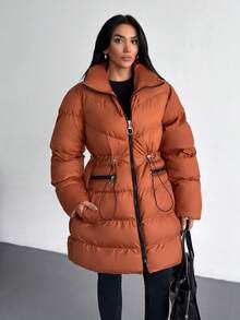 SHEIN Cottnline معطف شتوي سيدات بلون ثابت طويل الأكمام خصر مرسوم سحاب أمامي كاجوال - البرتقالي مرهق - مشاهدة 7