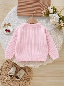 SHEIN Vintaside Kids 1 件婴儿粉色圆领长袖毛衣，精致樱桃刺绣，柔软舒适的上衣樱桃宝宝女婴婴儿针织衫婴儿毛衣女婴毛衣女婴秋季毛衣秋冬适合秋冬婴儿秋季毛衣