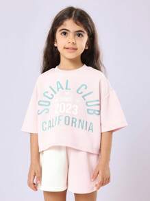 SUMWON Girls California Social Club Crop Top Two Tone Shorts Co-Ord Set Casual Summer Athletic Outfit For Kids