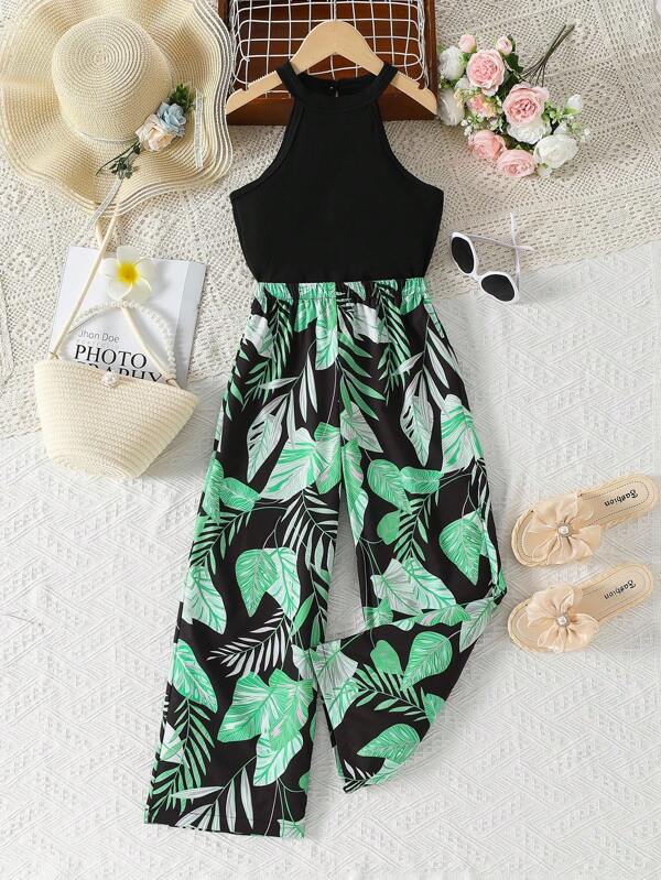 WESTFADE Young 2pcs/Set Preteen Girls Black Round Neck Camisole Top With Leaf Print, Loose Pants Set