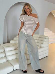 Roylia Women Oblique Shoulder Striped Casual Knit T-Shirt - Khaki - View 3