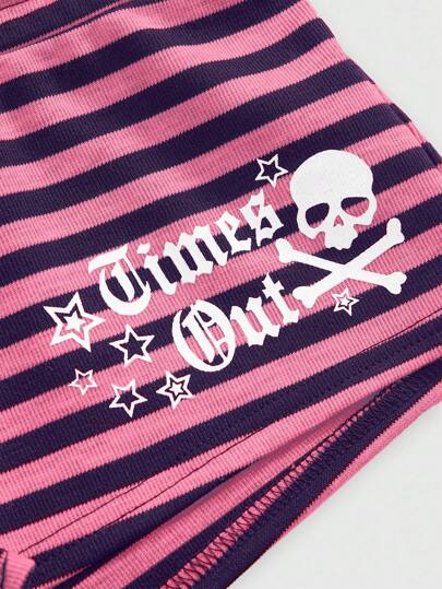 Y2K Abby PUNK English Low Waist Ultra Short Black & Gray Striped Five-Pointed Star & Letter Rhinestone Print Women Shorts