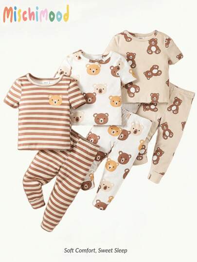 6件套男婴可爱熊印花休闲贴身短袖上衣和裤子家居服套装