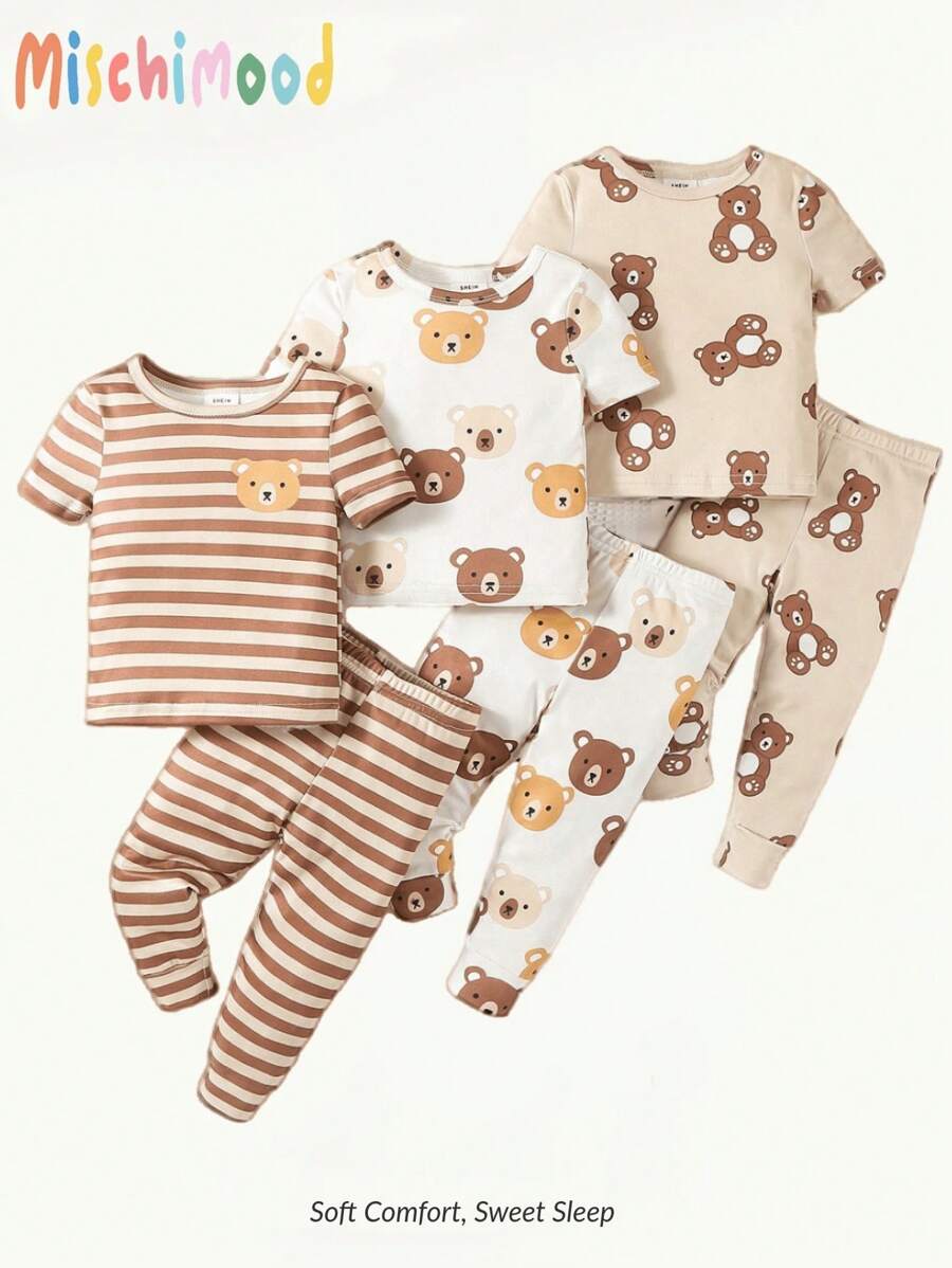 6件套男婴可爱熊印花休闲贴身短袖上衣和裤子家居服套装