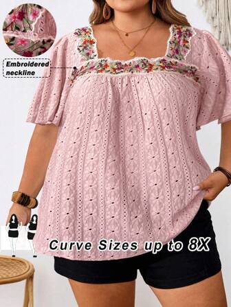 SHEIN CURVE+ 大码方领简约时尚衬衫，适合夏季海滩/沙滩度假毕业茶会粉色上衣、外出上衣