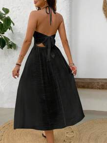 SHEIN Swim 女士度假休闲纯色镂空露背露背连衣裙夏季