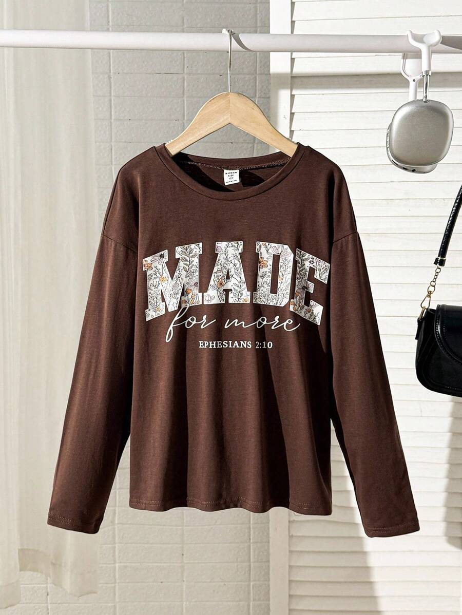 Camiseta de manga larga con cuello redondo y estampa de letras de uso diario casual para niñas preadolescentes - Marrón - Ver 1