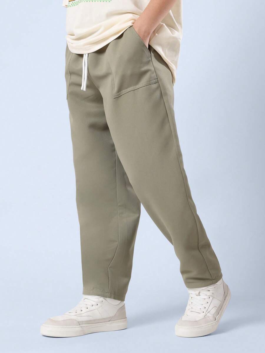 SUMWON 青年斜纹筒形斜纹裤休闲秋季校服宽松阔腿抽绳长裤 - 軍綠色 - 查看 1