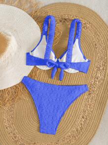 Swim Mod 2pcs/Set Women Solid Color Textured Knitted Fabric Adjustable Strap Padded Underwire Sexy Fashion Cute Bikini Swimwear For Summer Beach Vacation - Royal Blue - View 5