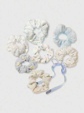 Kawaii 7pcs Countryside Style Cute Blue Series Versatile Scrunchies Set, Casual Minimalist Design For Everyday Life, Vacation And Decoration