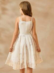 SHEIN Tween Girl Elegant Floral Print Cami Dress, Sleeveless High Waist Chiffon Dress For Summer, Apricot