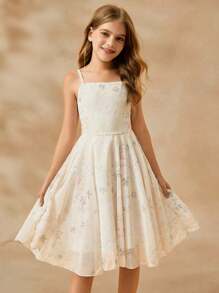 SHEIN Tween Girl Elegant Floral Print Cami Dress, Sleeveless High Waist Chiffon Dress For Summer, Apricot