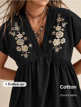 Wildy Robe mini femme à col V noir à manches courtes de coupe évasée avec broderie, printemps/été