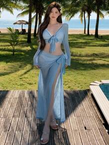 DAZY Bộ 2 món đồ thời trang đi nghỉ cho nữ, áo buộc vạt xẻ cao và váy, trang phục đi biển, quần áo mùa thu cho nữ - Màu xanh lam - Xem 6