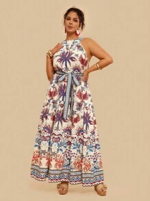 SHEIN VCAY 大码全印花挂脖休闲连衣裙 - 彩色 - 查看 6