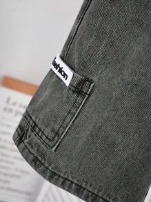 SHEIN 年轻男孩夏季复古休闲贴布宽松牛仔短裤带侧袋，春夏装 - 深灰色 - 查看 6