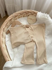 Baby Ruched Bow Front Tank Top & Flare Leg Trousers - Beige - View 2