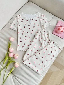 SHEIN 女童櫻桃印花蕾絲飾邊圓領短袖睡衣套裝，可愛白色夏季兩件式睡衣，青少年女孩套裝 - 彩色 - 查看 1