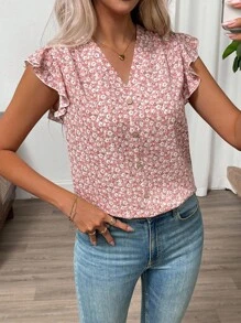 SHEIN Clasi Vacation Casual Pink Floral Ruffle Trim Shirt