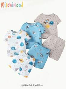 Conjunto de 3 piezas para bebé niño: camiseta con estampado de nave espacial y planeta y pantalones cortos, conjunto de pijama informal - Multicolor - Ver 1