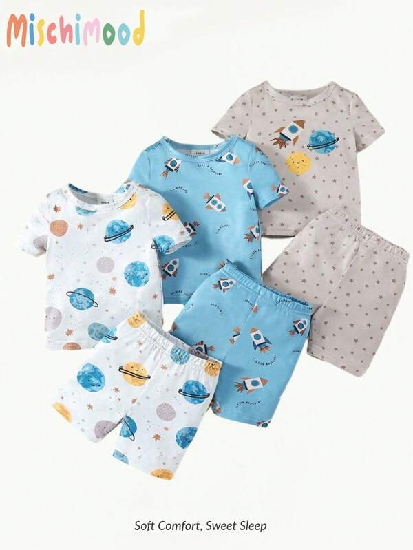 Baby Boy 3pcs Spaceship & Planet Print T-Shirt & Shorts Set, Casual Pajama Set