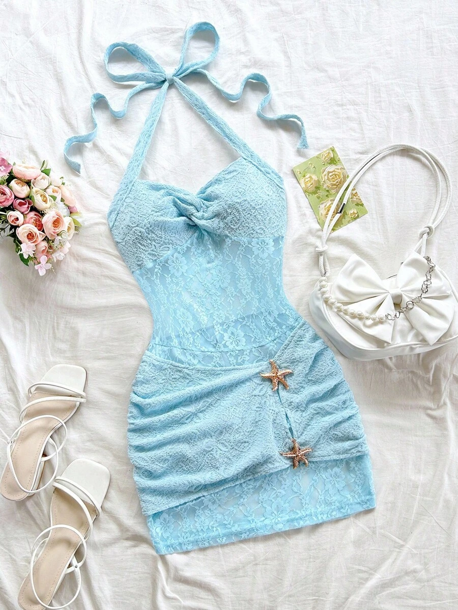 Soleia 新款度假露背镂空金属装饰蕾丝拼布针织纹理女装连衣裙，适合音乐节、毕业季、下午茶、蓝色蕾丝连衣裙、露背连衣裙 - 藍色 - 查看 1