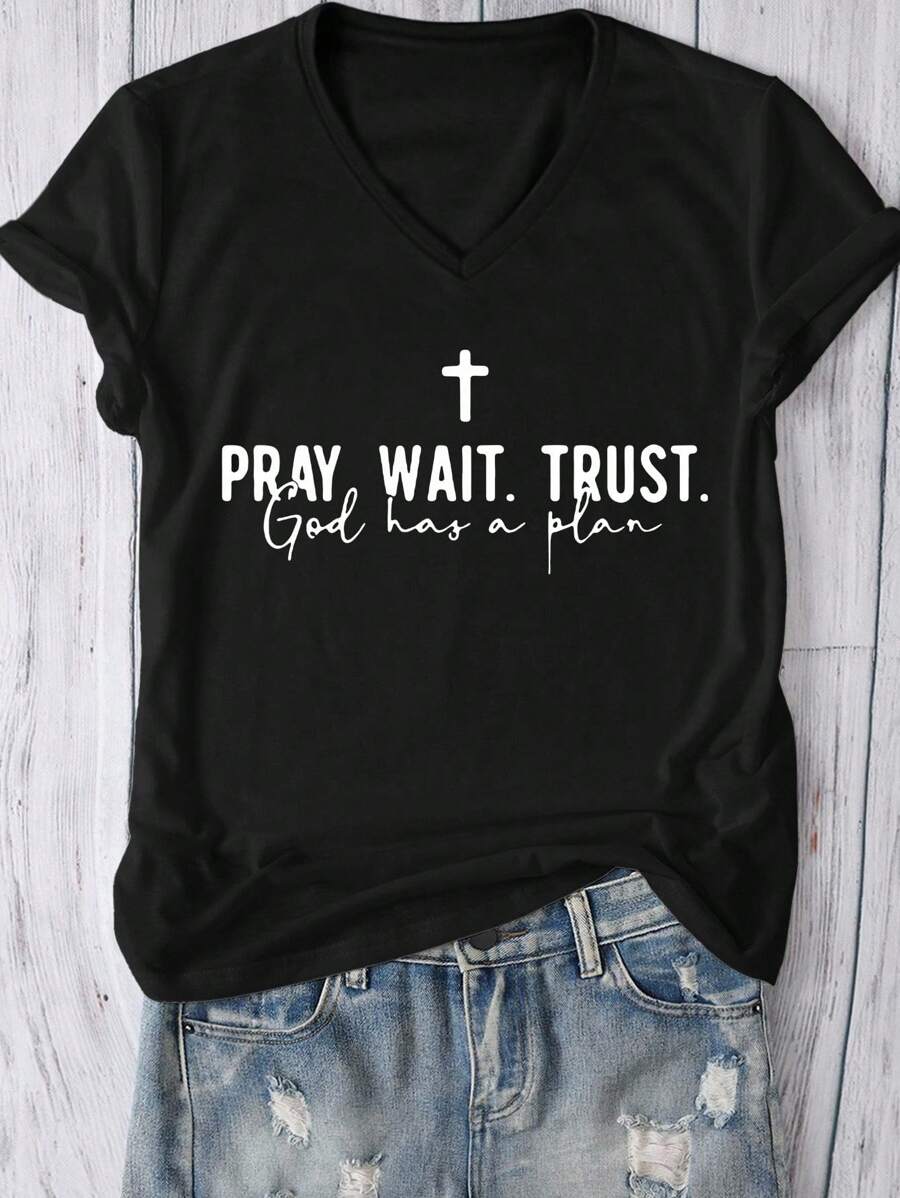 EMERY ROSE Áo thun tay ngắn cổ chữ V họa tiết Summer Faith, trang phục thường ngày ngoài trời cho nữ - màu đen - Xem 1