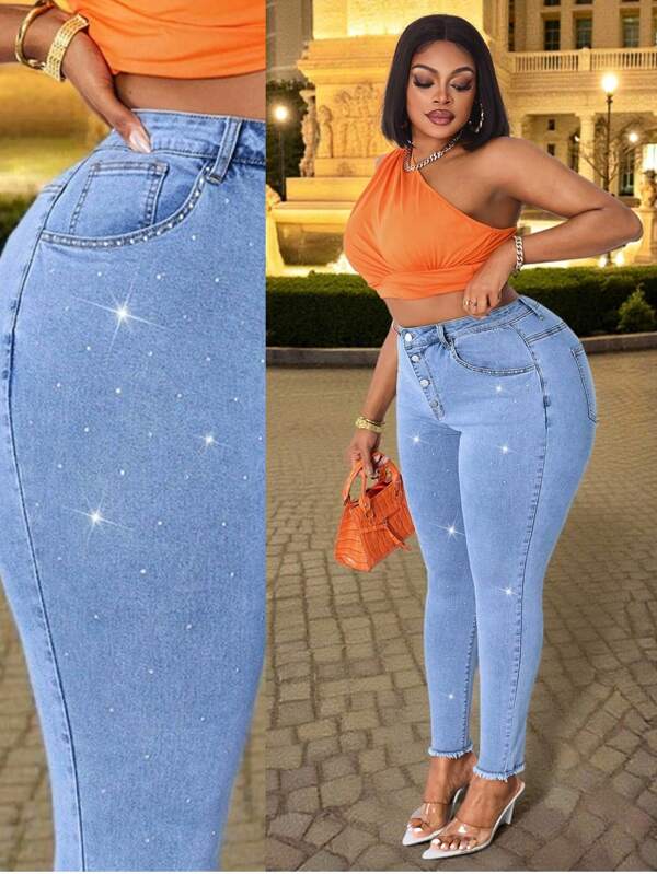SHEIN SXY Women Summer Plus Size Pants With Rhinestone