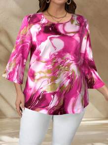 EMERY ROSE Cămașă elegantă de mărime mare, cu imprimeu integral, guler rotund, mânecă 3/4