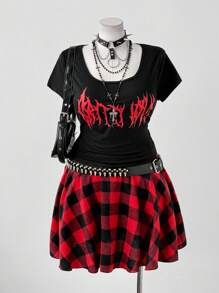 Flirla 2件套朋克时尚图案印花圆领T恤搭配格子A字迷你裙 - 彩色 - 查看 7